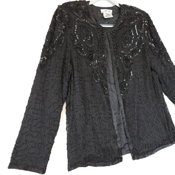 Silk Open Jacket Beaded Sequin AP Ltd Women M Black Evening Cocktail Festive Vtg - Picture 12 of 16